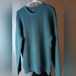 PJ Paul Jones Men's L Aqua Green Pullover Sweater-Waffle Texture-Long Sleeve